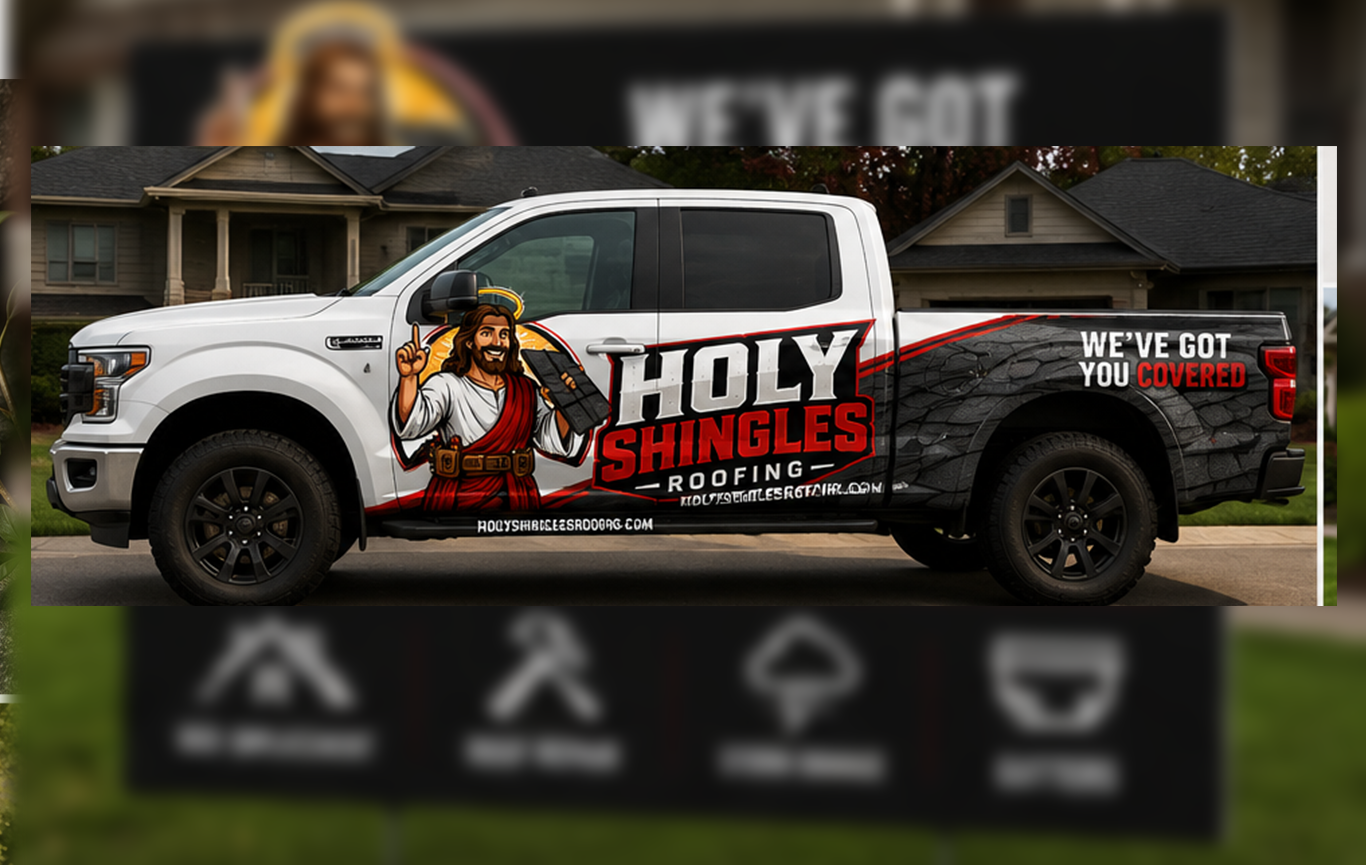 Holy Shingles RoofersTruck Wrap created by Steel Toe Creative