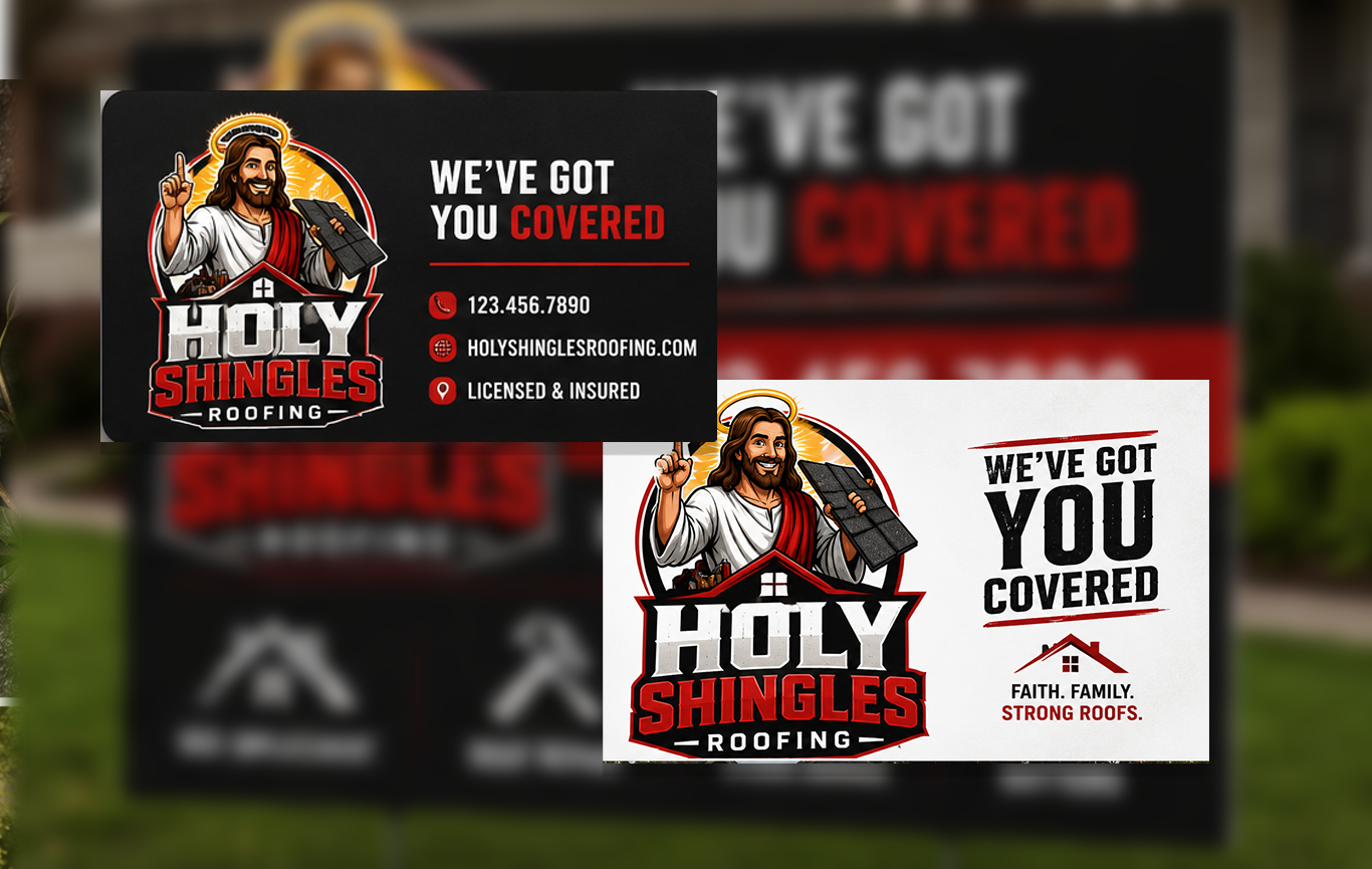 Holy Shingles Roofers Business cards created by Steel Toe Creative
