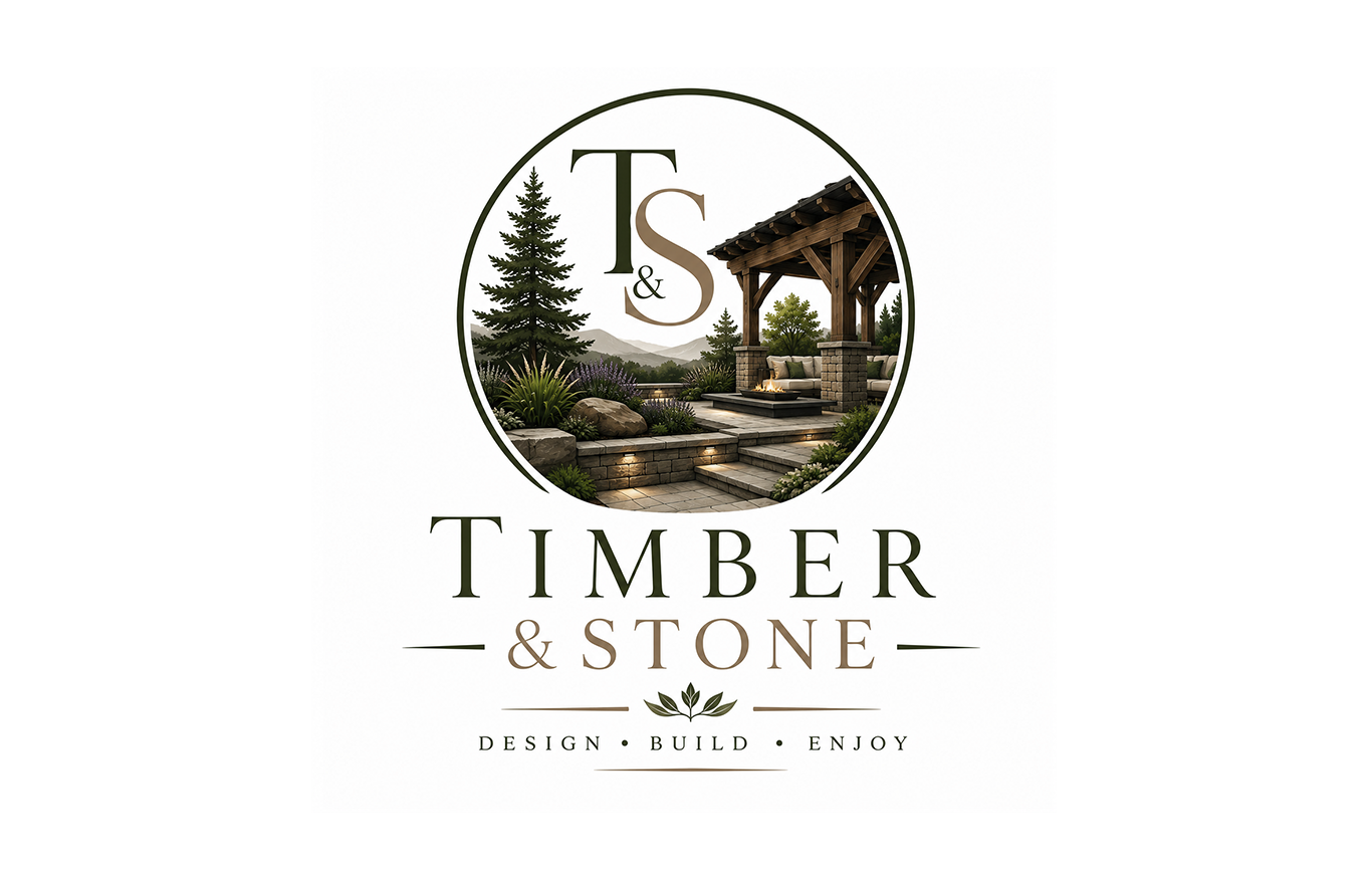 Timber & Stone Designing your outdoor Living Space Logo created by Steel Toe Creative