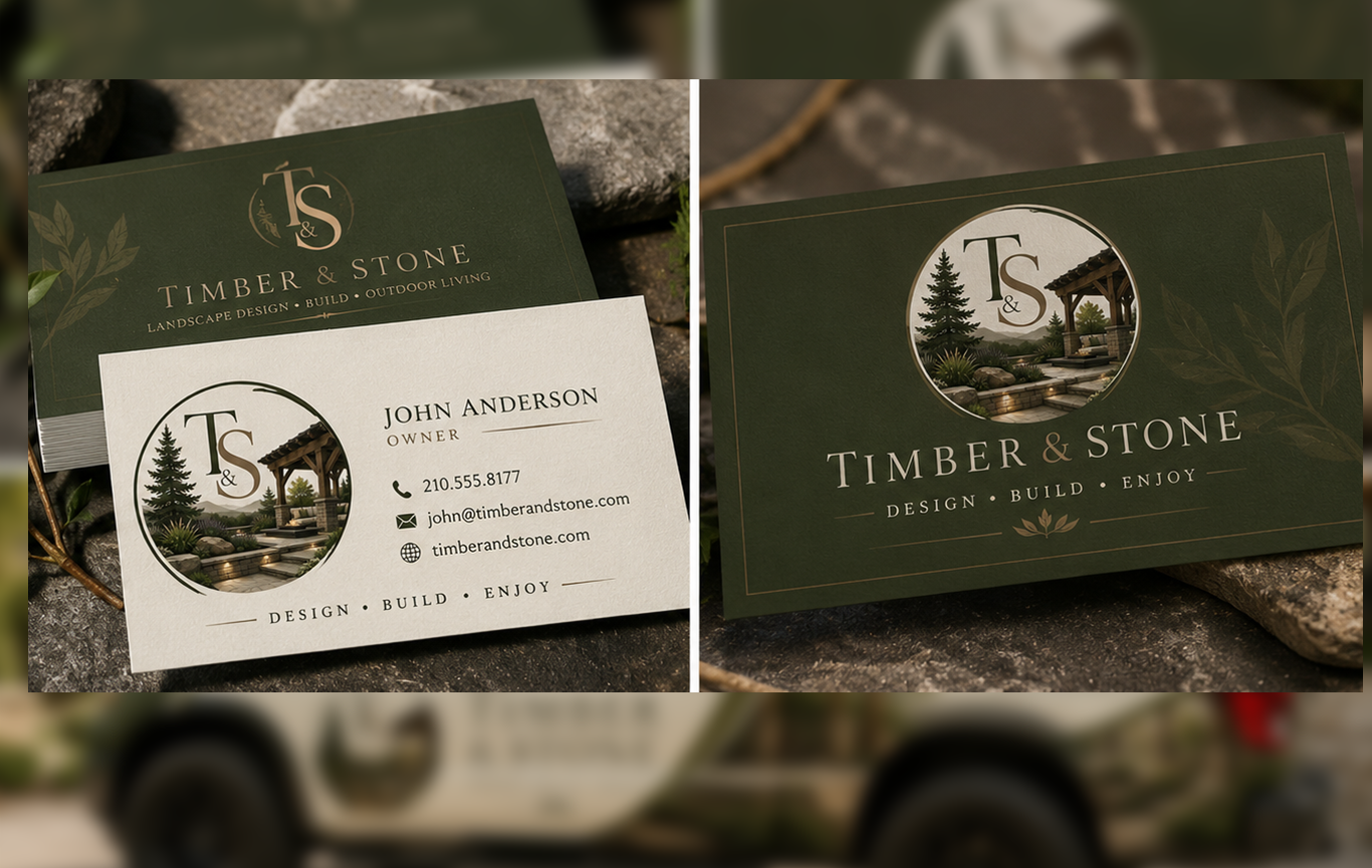 Timber & Stone Designing your outdoor Living Space Business Cards created by Steel Toe Creative