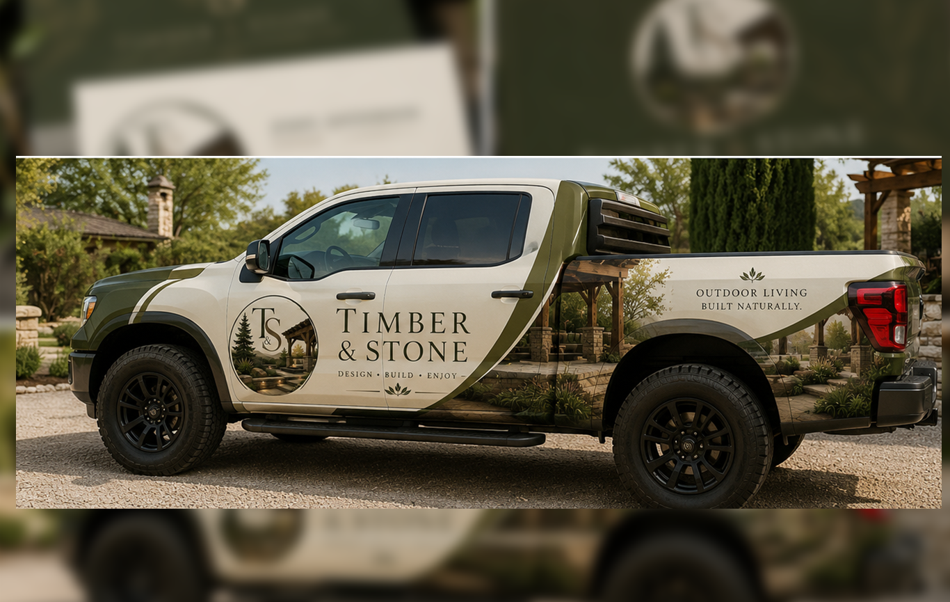 Timber & Stone Designing your outdoor Living Space Truck Wrap created by Steel Toe Creative